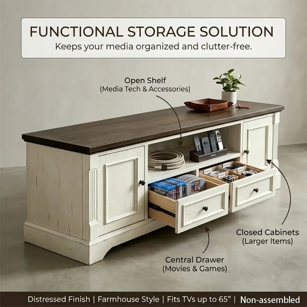 Two-tone Farmhouse Fully Assembled Tv Stand With Arched Plinth Base Image - 4 | homeyfad