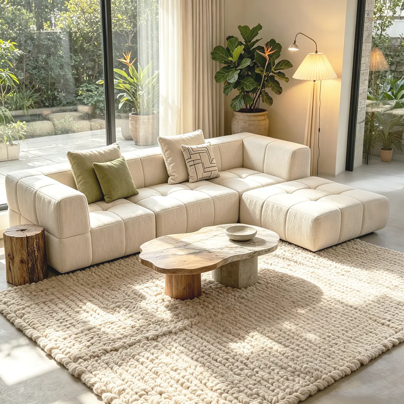 Cream White 107" Modern Living Room Sectional L-shaped Chenille Sofa Image - 1 | homeyfad