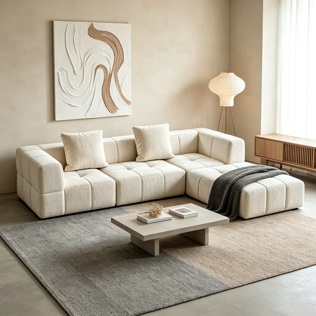 Cream White 107" Modern Living Room Sectional L-shaped Chenille Sofa Image - 2 | homeyfad