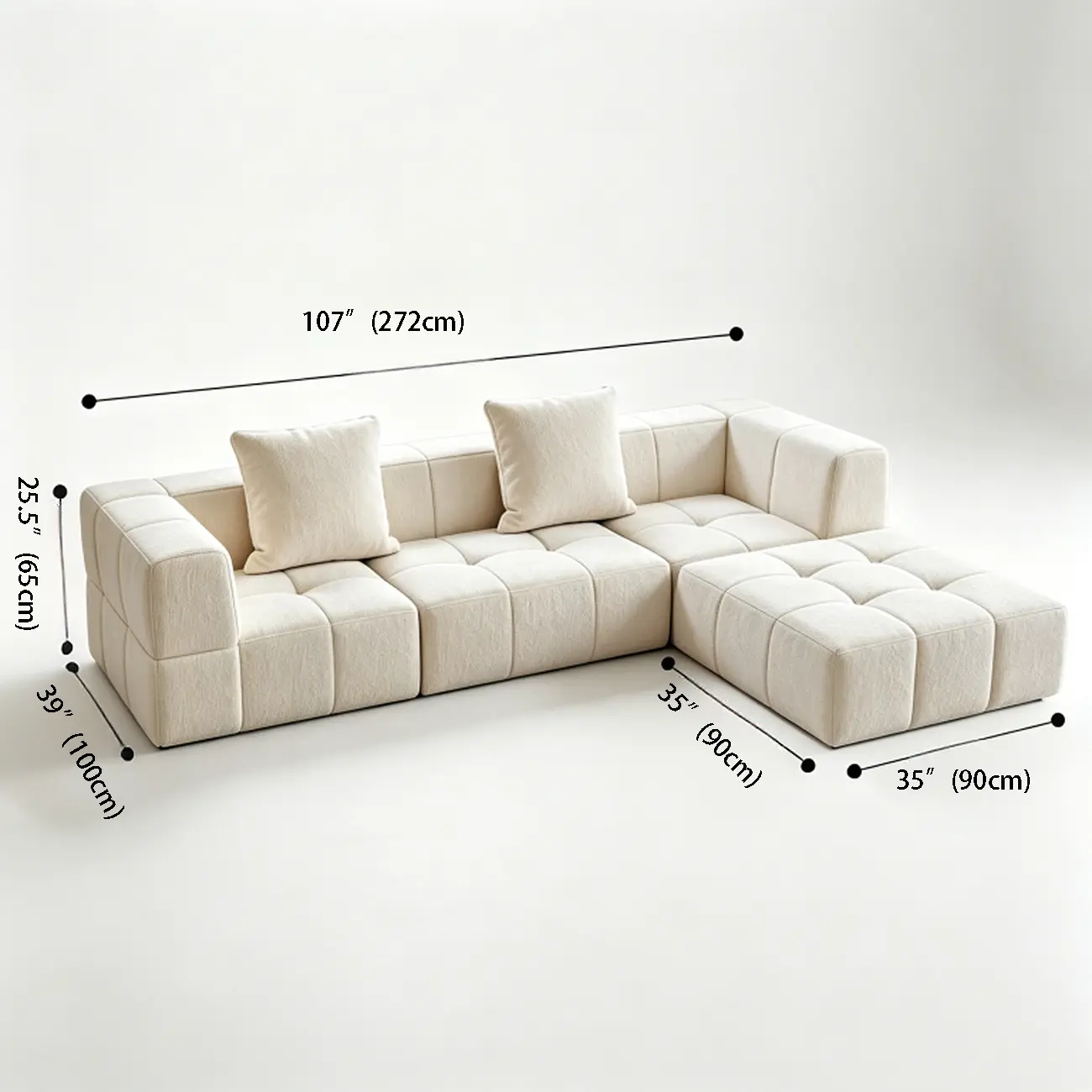 Cream White 107" Modern Living Room Sectional L-shaped Chenille Sofa #size | homeyfad