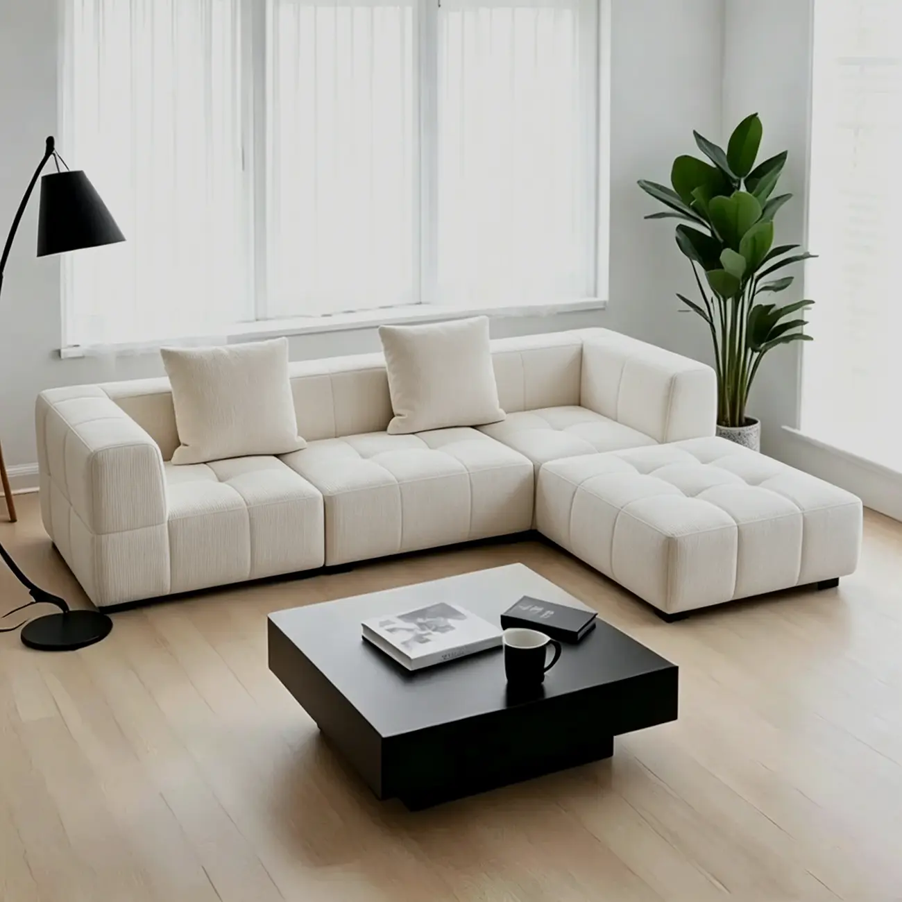 Cream White 107" Modern Living Room Sectional L-shaped Chenille Sofa Image - 10 | homeyfad