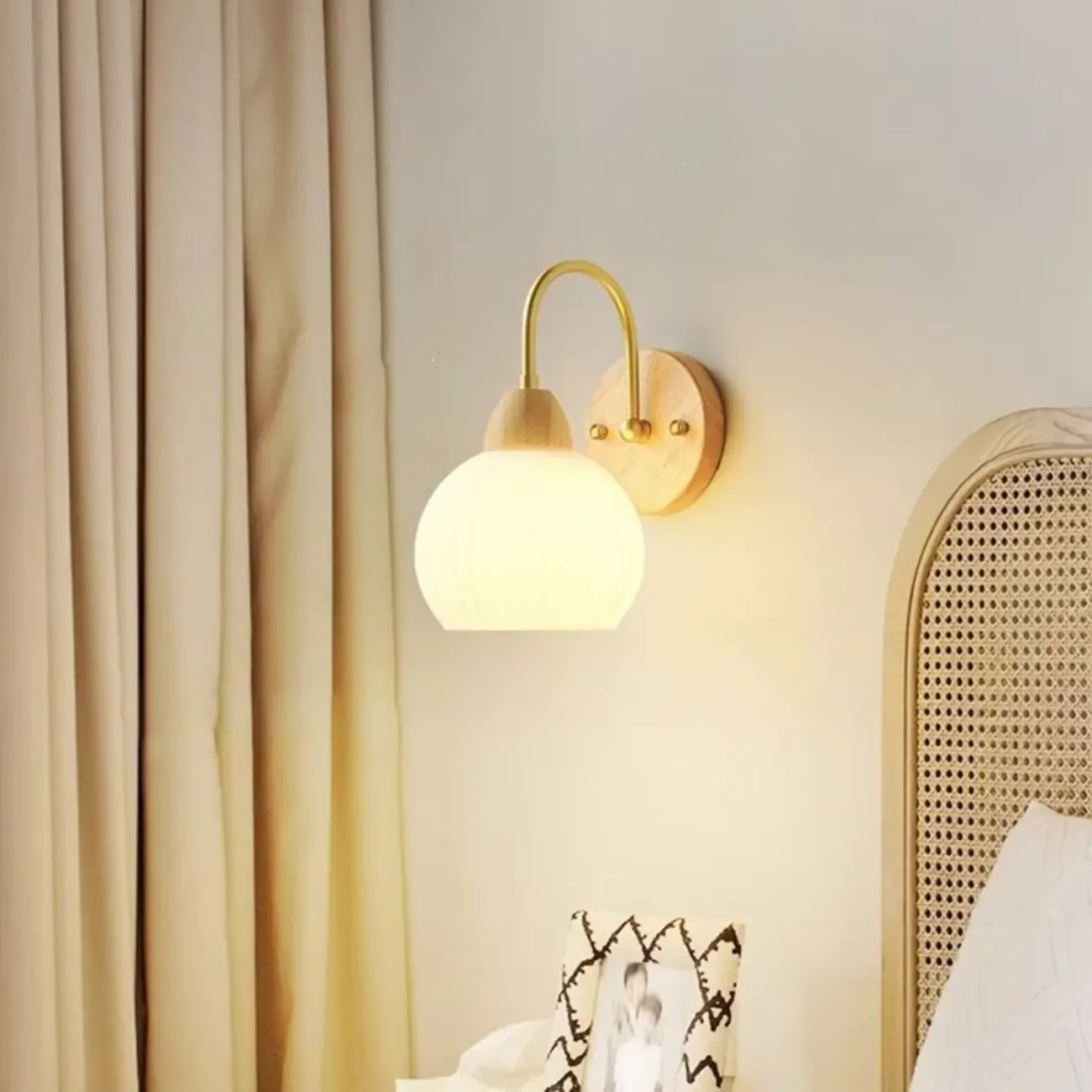 Modern Wood Grain Wall Light with Chalk Glass Shade Image - 1