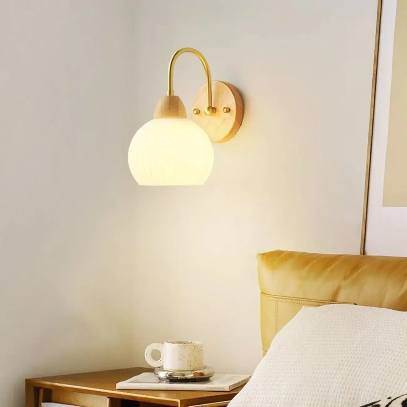 Modern Wood Grain Wall Light with Chalk Glass Shade Image - 4