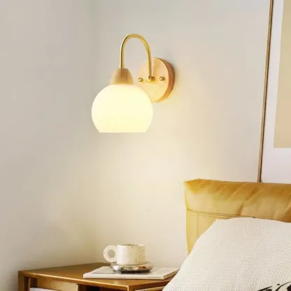 Modern Wood Grain Wall Light with Chalk Glass Shade Image - 4