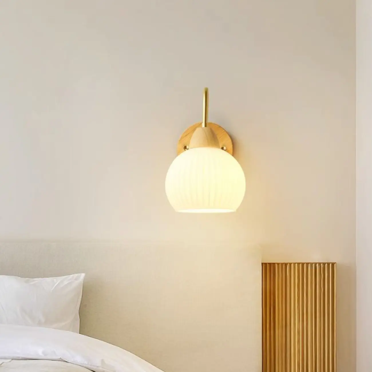 Modern Wood Grain Wall Light with Chalk Glass Shade Image - 5 | homeyfad