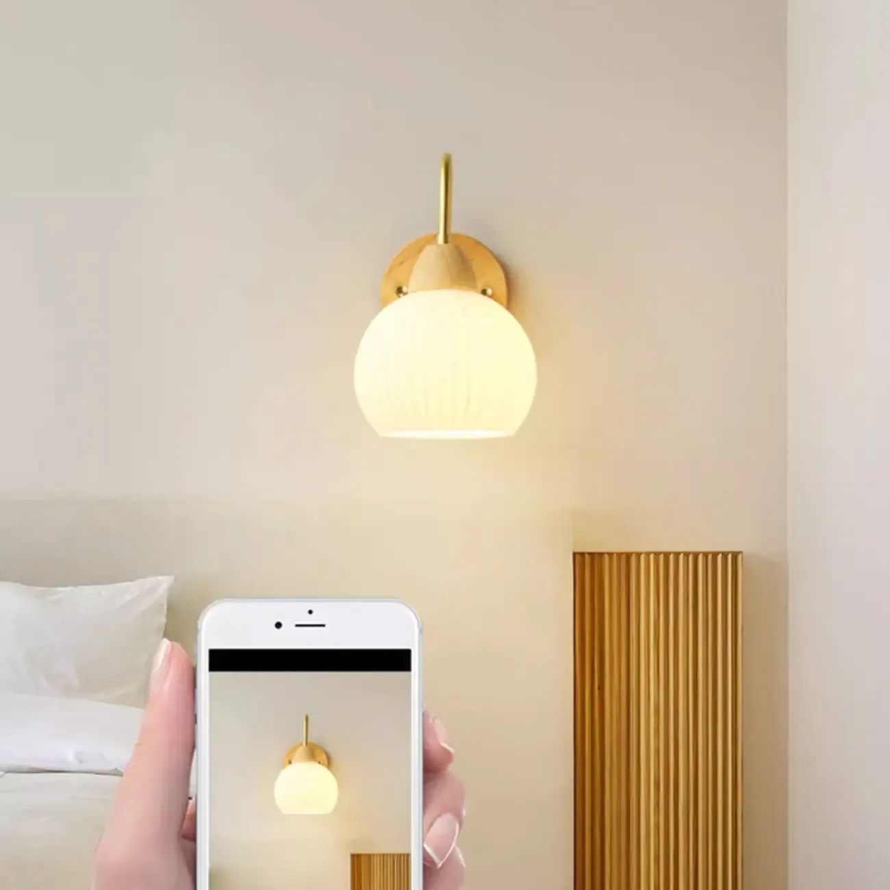 Modern Wood Grain Wall Light with Chalk Glass Shade Image - 12