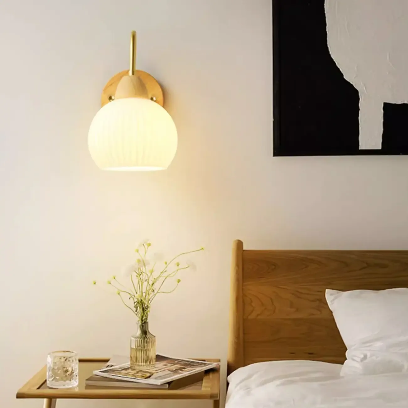 Modern Wood Grain Wall Light with Chalk Glass Shade Image - 13