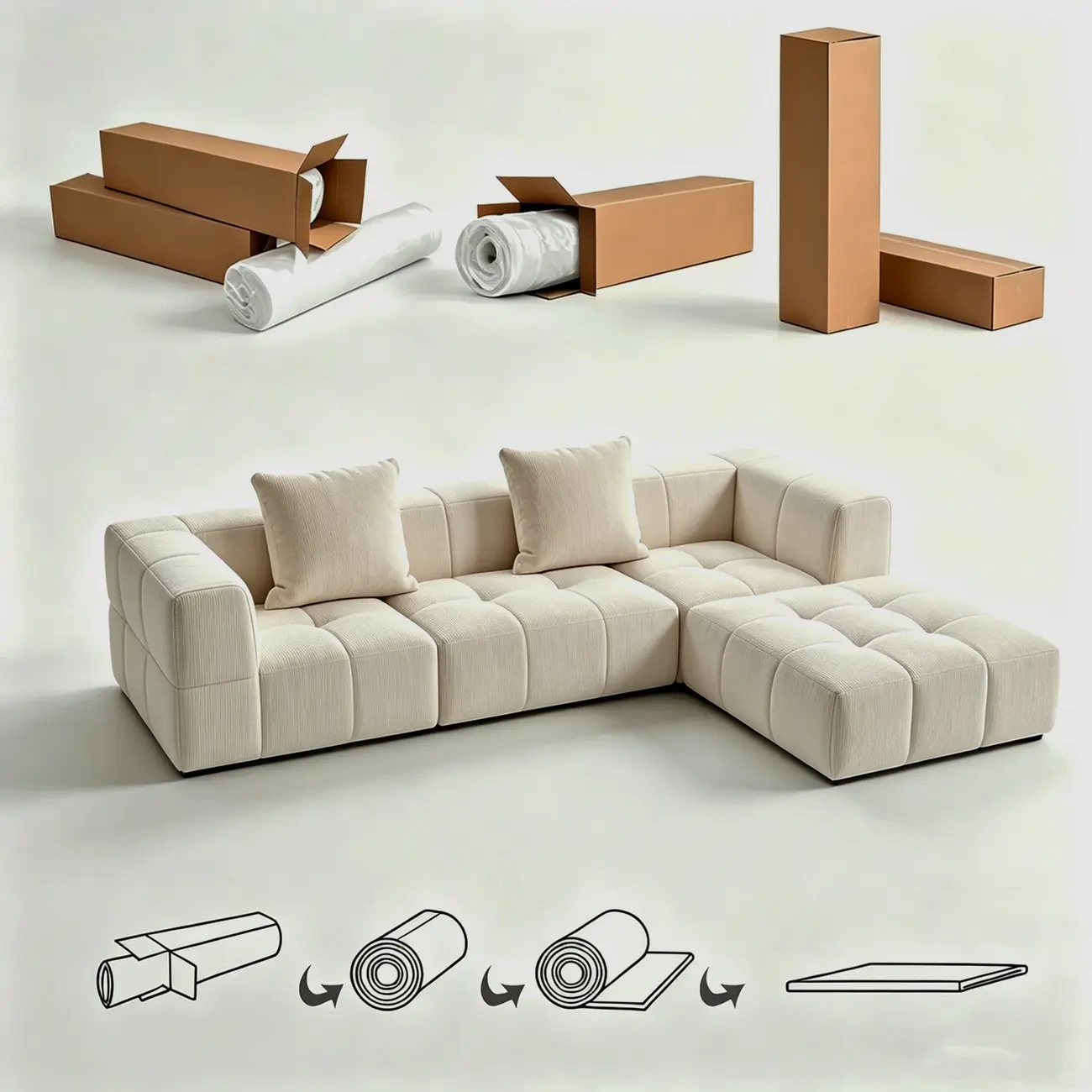 Cream White 107" Modern Living Room Sectional L-shaped Chenille Sofa Image - 7 | homeyfad