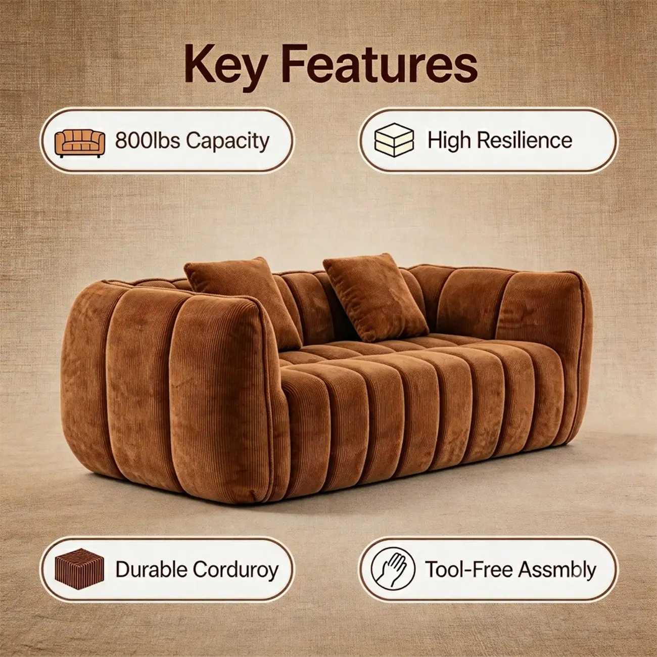 Vintage Brown Pumpkin-Shaped Deep Seat Sofa with Arms Image - 4 | homeyfad