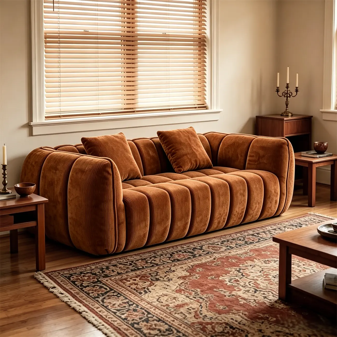 Vintage Brown Pumpkin-Shaped Deep Seat Sofa with Arms Image - 1 | homeyfad