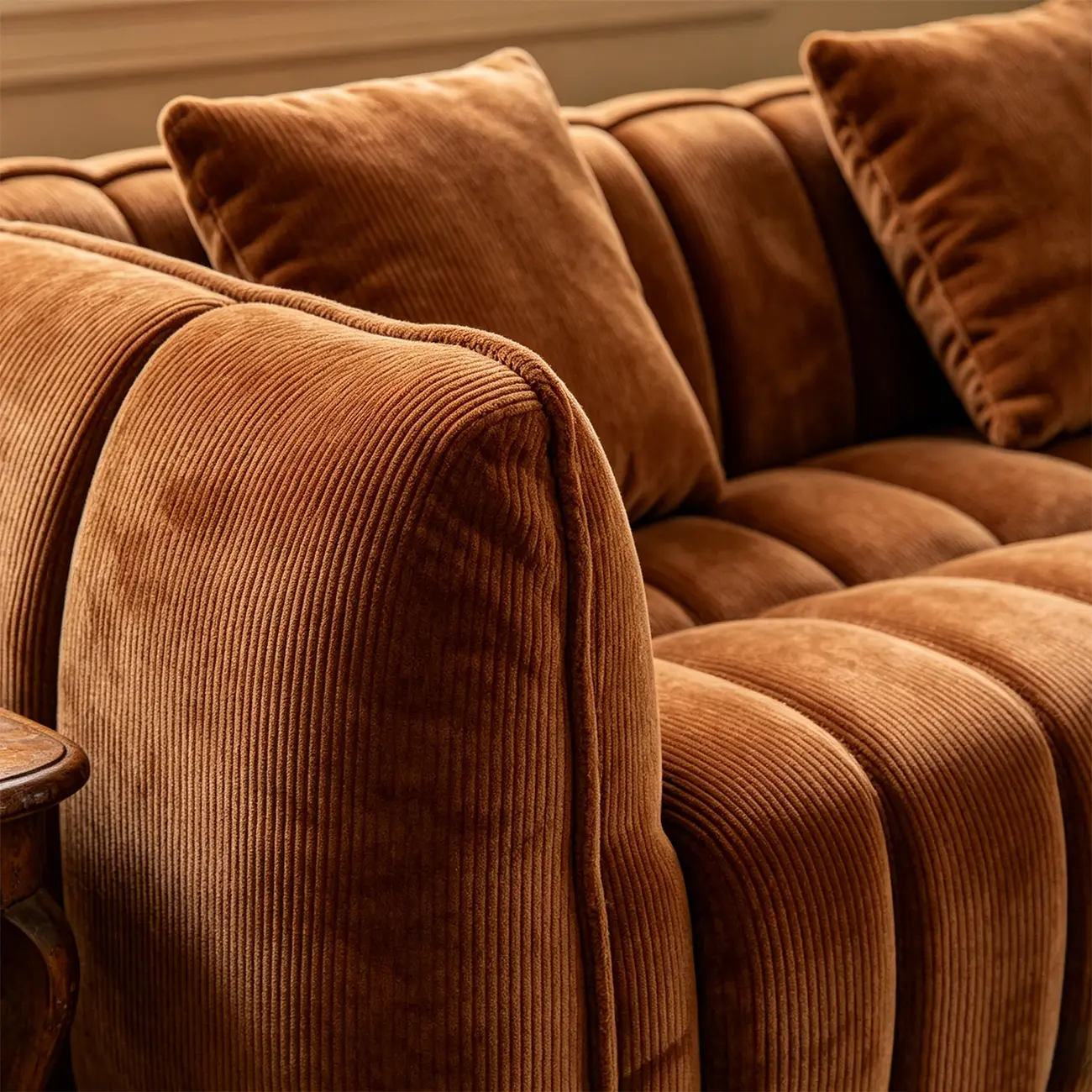 Vintage Brown Pumpkin-Shaped Deep Seat Sofa with Arms Image - 2 | homeyfad