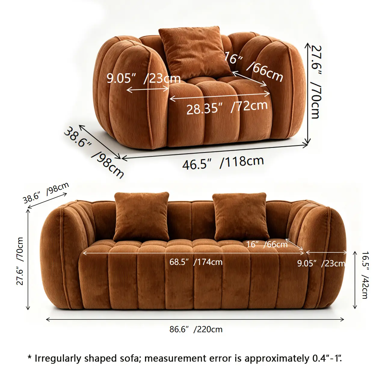 Vintage Brown Pumpkin-Shaped Deep Seat Sofa with Arms #size | homeyfad