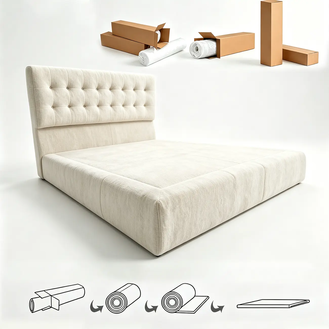 Zero Assembly Modern Tufted Chenille Upholstered Boneless Bed Image - 7 | homeyfad