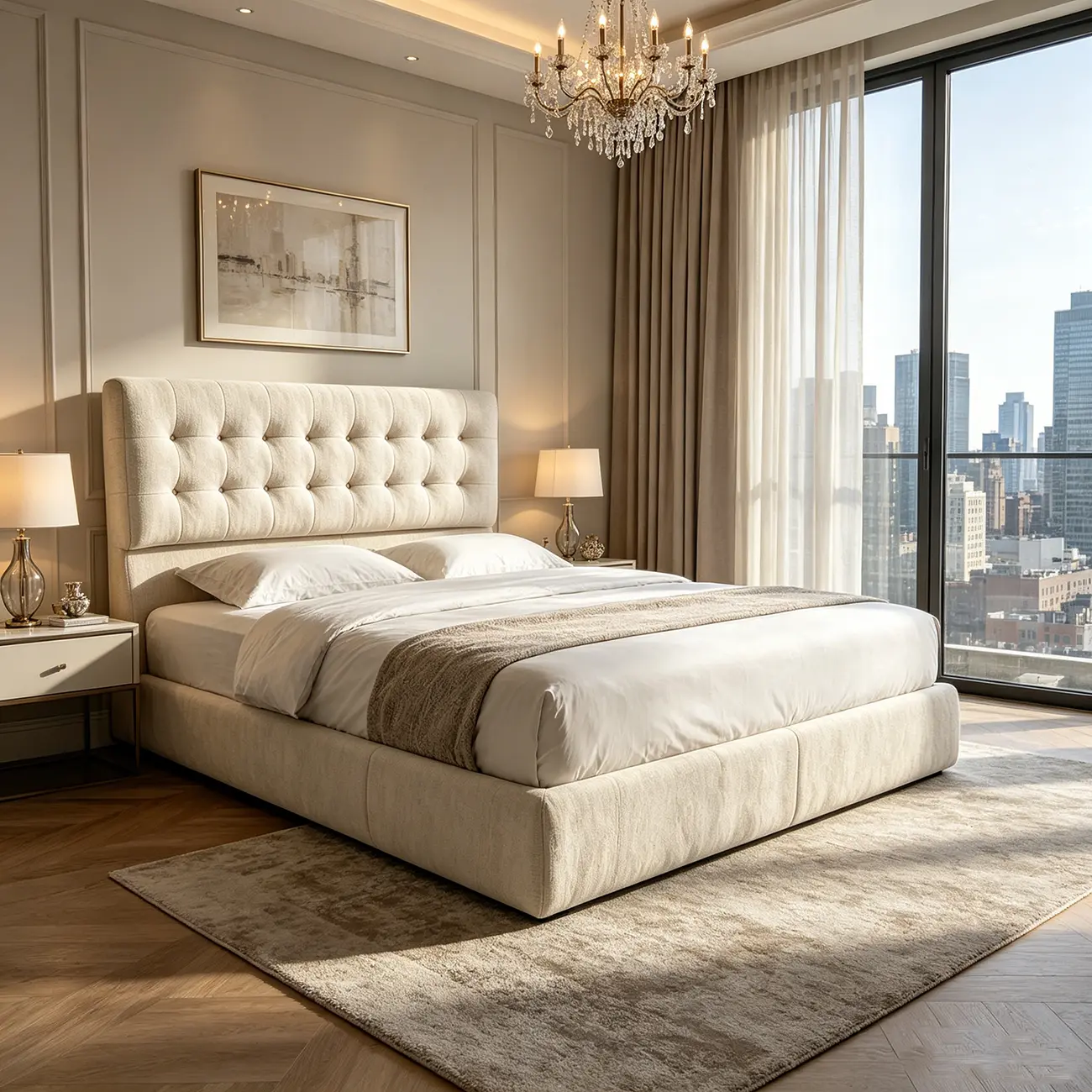Zero Assembly Modern Tufted Chenille Upholstered Boneless Bed Image - 4 | homeyfad