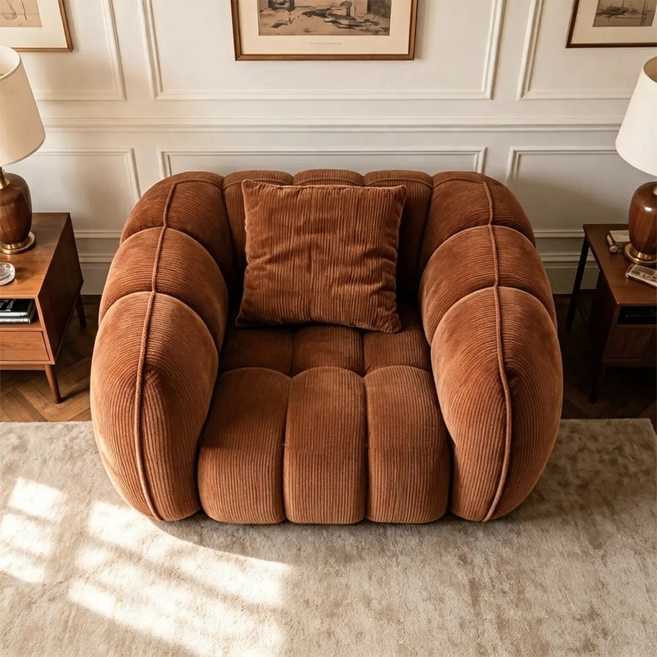 Vintage Brown Pumpkin-Shaped Deep Seat Sofa with Arms Image - 7 | homeyfad