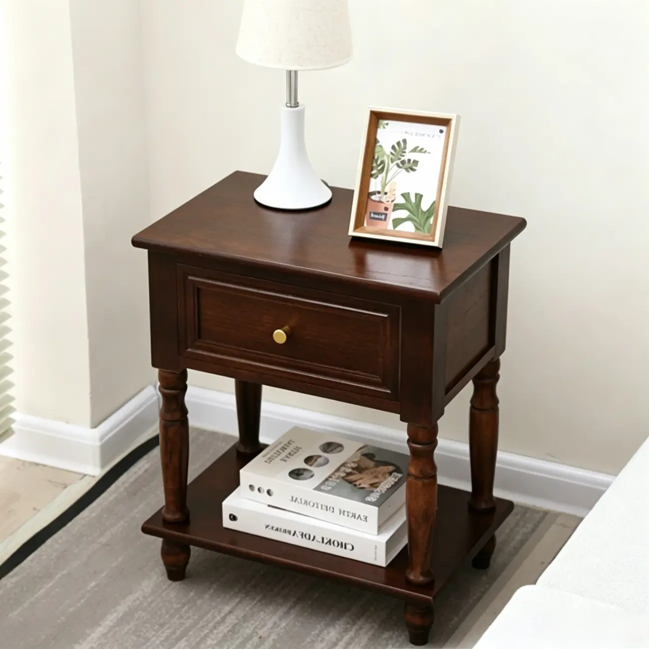 1-Drawer Brown Wood End Table for Small Space with Shelf Image - 2 | homeyfad