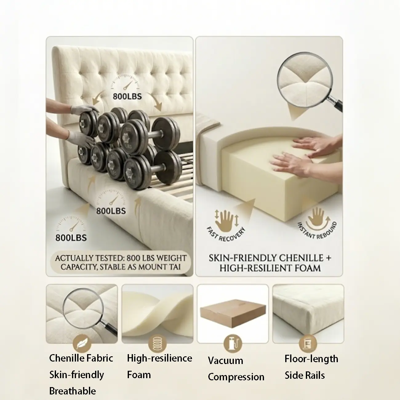 Zero Assembly Modern Tufted Chenille Upholstered Boneless Bed Image - 6 | homeyfad