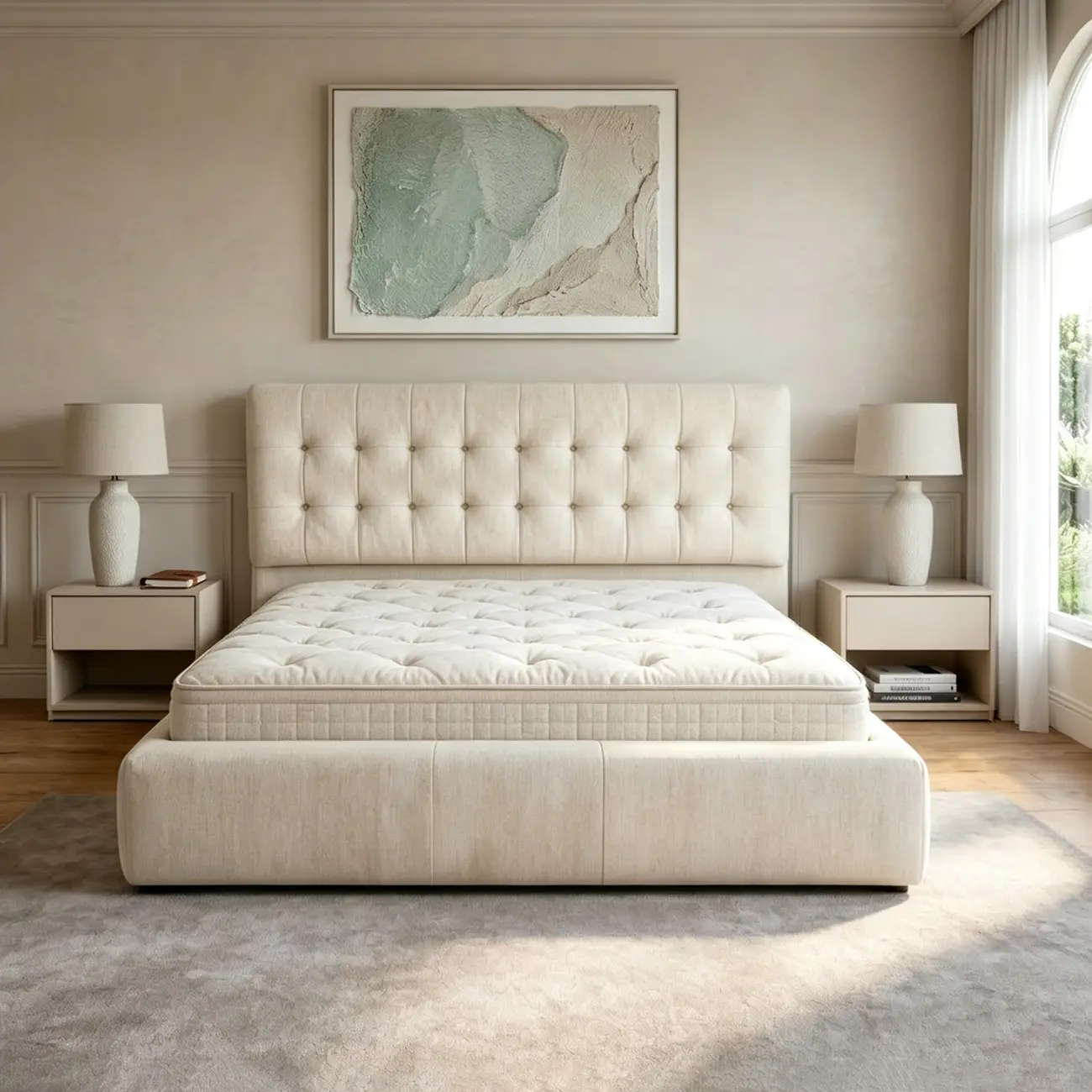 Zero Assembly Modern Tufted Chenille Upholstered Boneless Bed Image - 5 | homeyfad