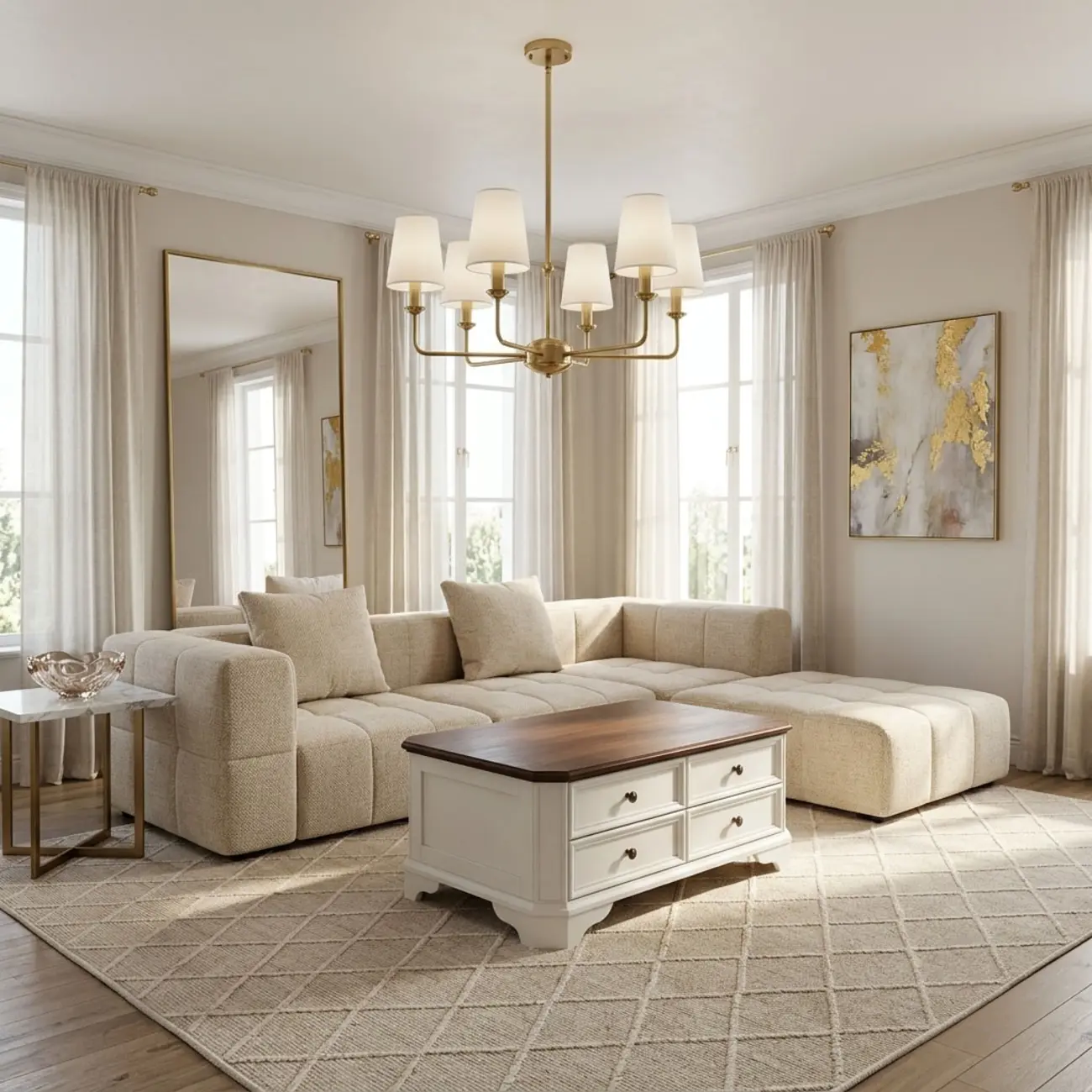 Modern Traditional Brass-Finish Chandelier with White Fabric Shades Image - 3 | homeyfad