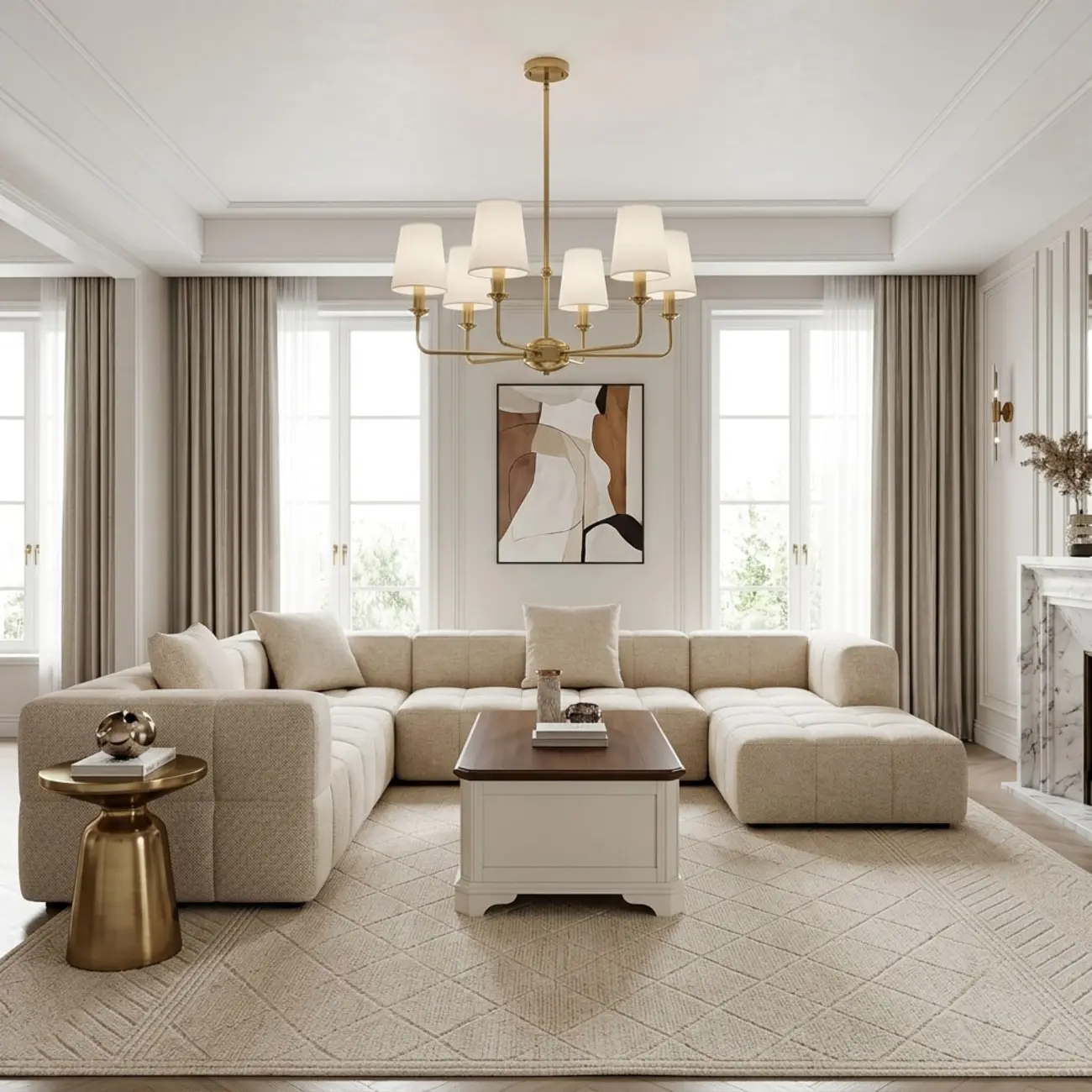 Modern Traditional Brass-Finish Chandelier with White Fabric Shades Image - 4 | homeyfad