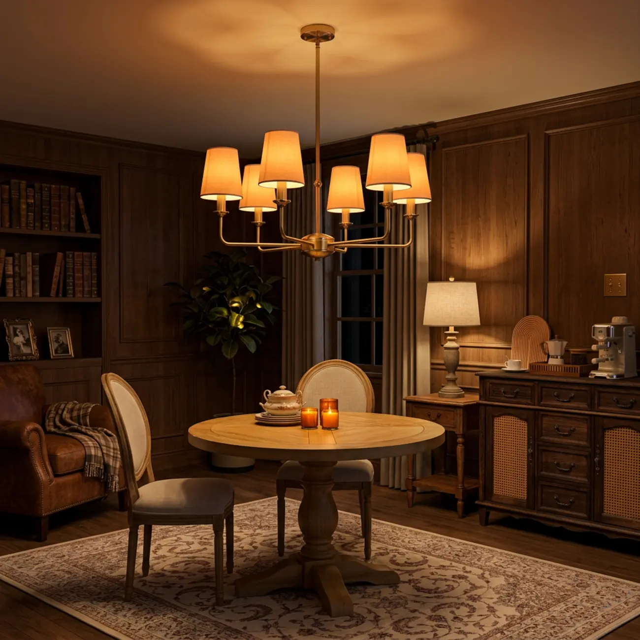 Modern Traditional Brass-Finish Chandelier with White Fabric Shades Image - 6 | homeyfad