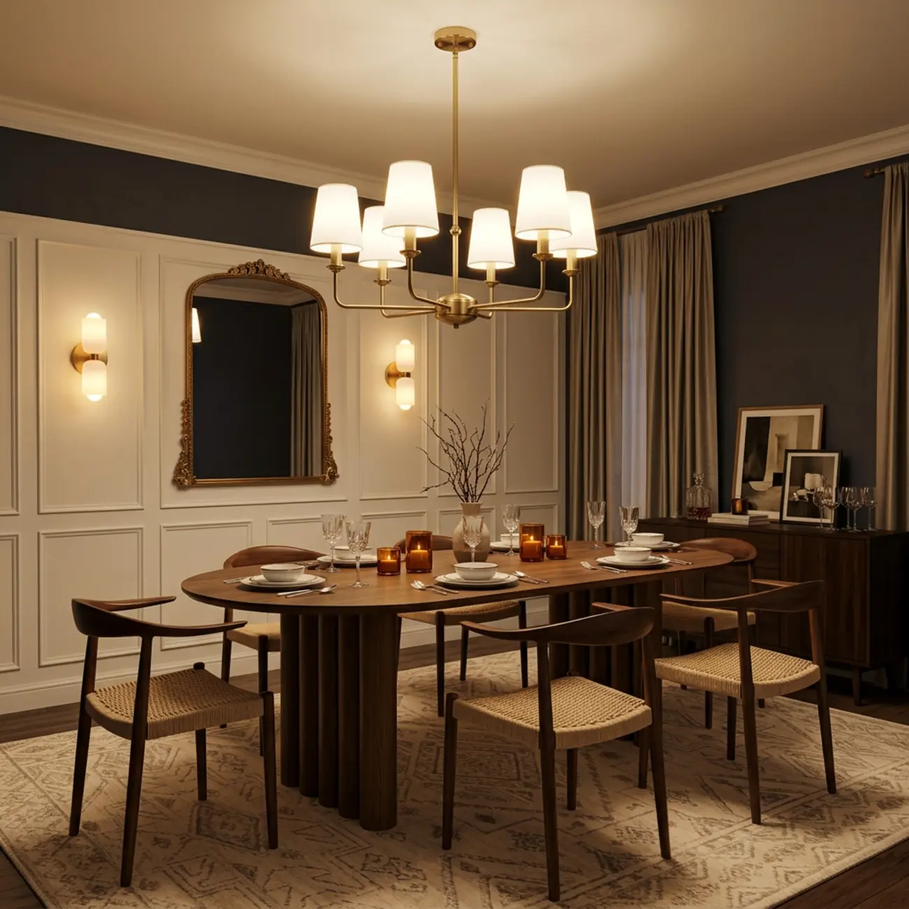 Modern Traditional Brass-Finish Chandelier with White Fabric Shades Image - 5 | homeyfad
