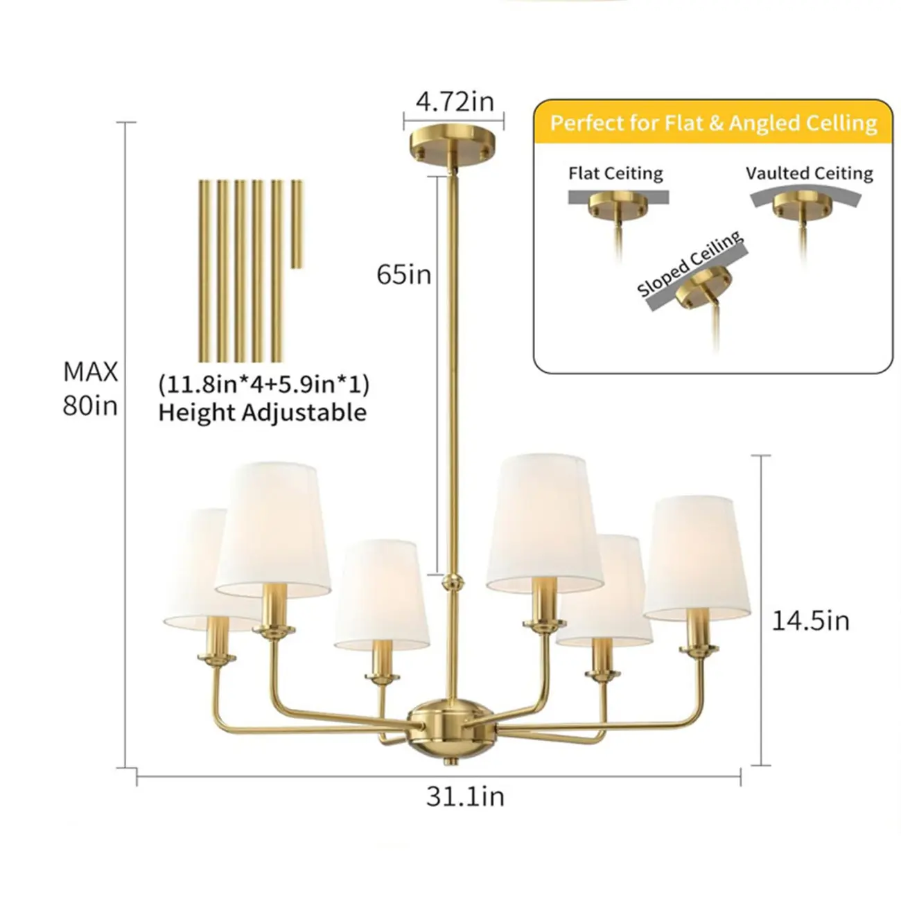 Modern Traditional Brass-Finish Chandelier with White Fabric Shades #size | homeyfad