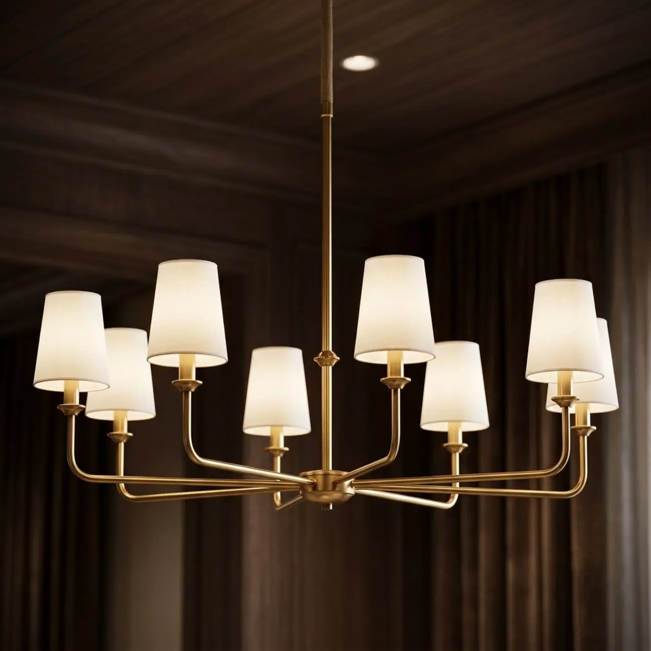 Modern Traditional Brass-Finish Chandelier with White Fabric Shades Image - 1 | homeyfad