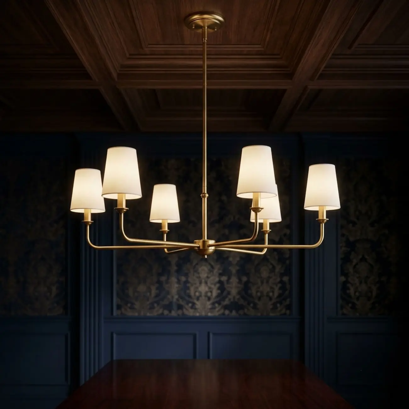 Modern Traditional Brass-Finish Chandelier with White Fabric Shades Image - 2 | homeyfad