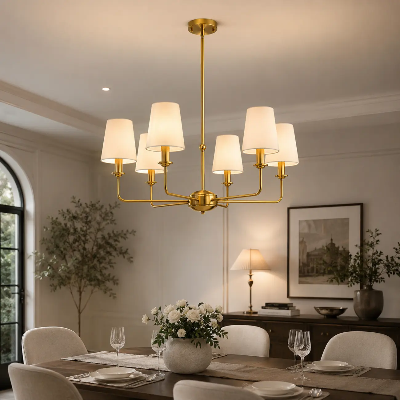 Modern Traditional Brass-Finish Chandelier with White Fabric Shades Image - 11 | homeyfad