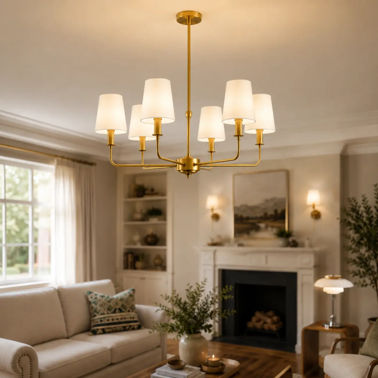 Modern Traditional Brass-Finish Chandelier with White Fabric Shades Image - 13 | homeyfad