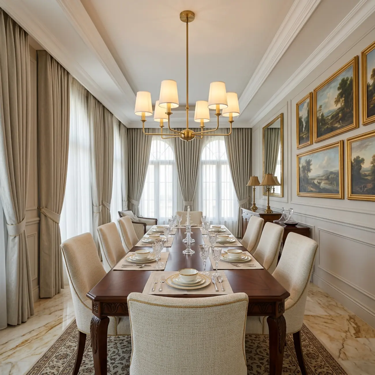 Modern Traditional Brass-Finish Chandelier with White Fabric Shades Image - 12 | homeyfad
