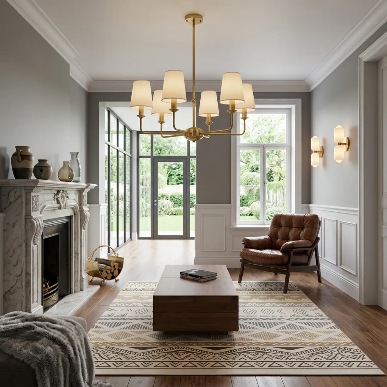 Modern Traditional Brass-Finish Chandelier with White Fabric Shades Image - 15 | homeyfad