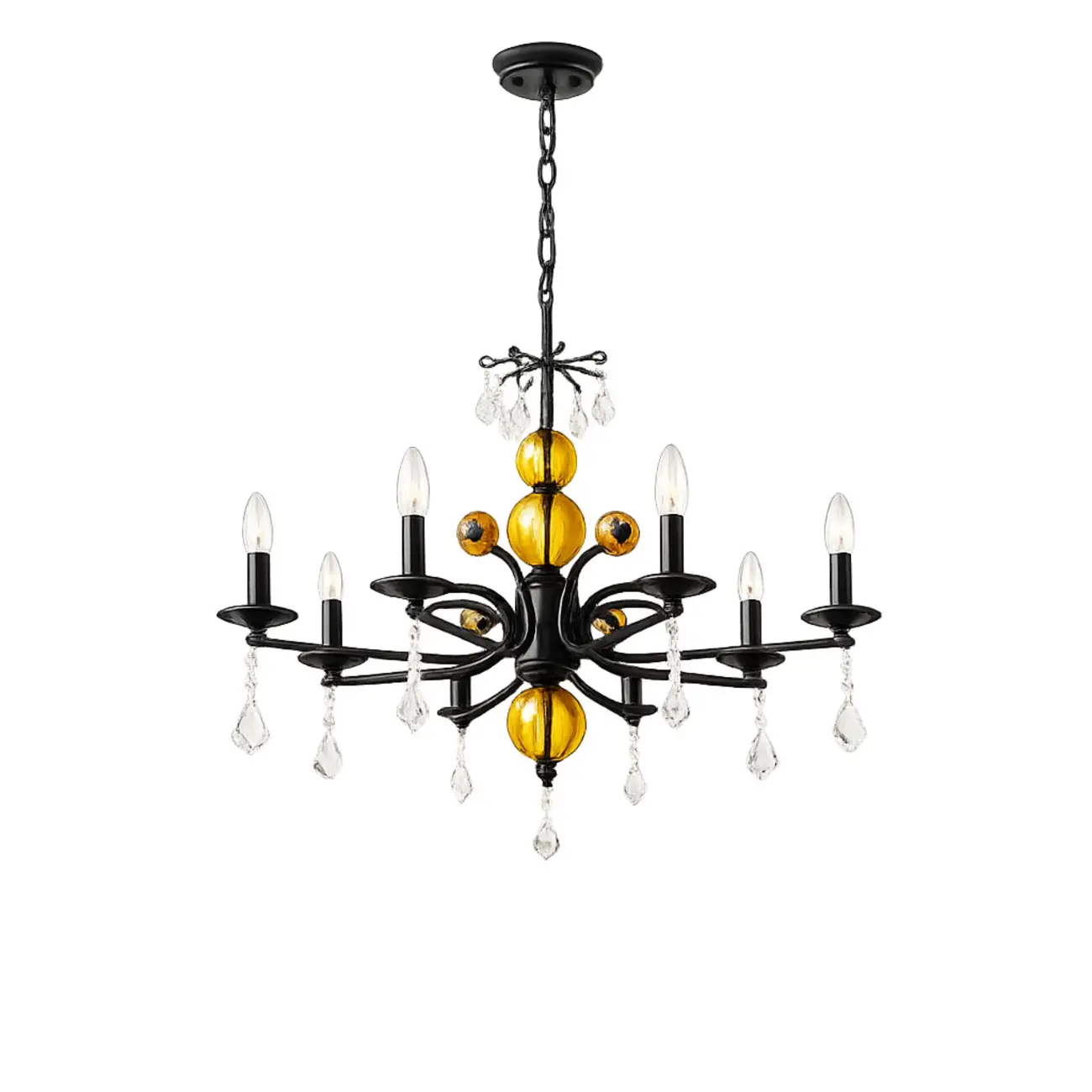 Scandinavian Modern Black Metal Chandelier with Amber Glass Spheres Image - 10 | homeyfad