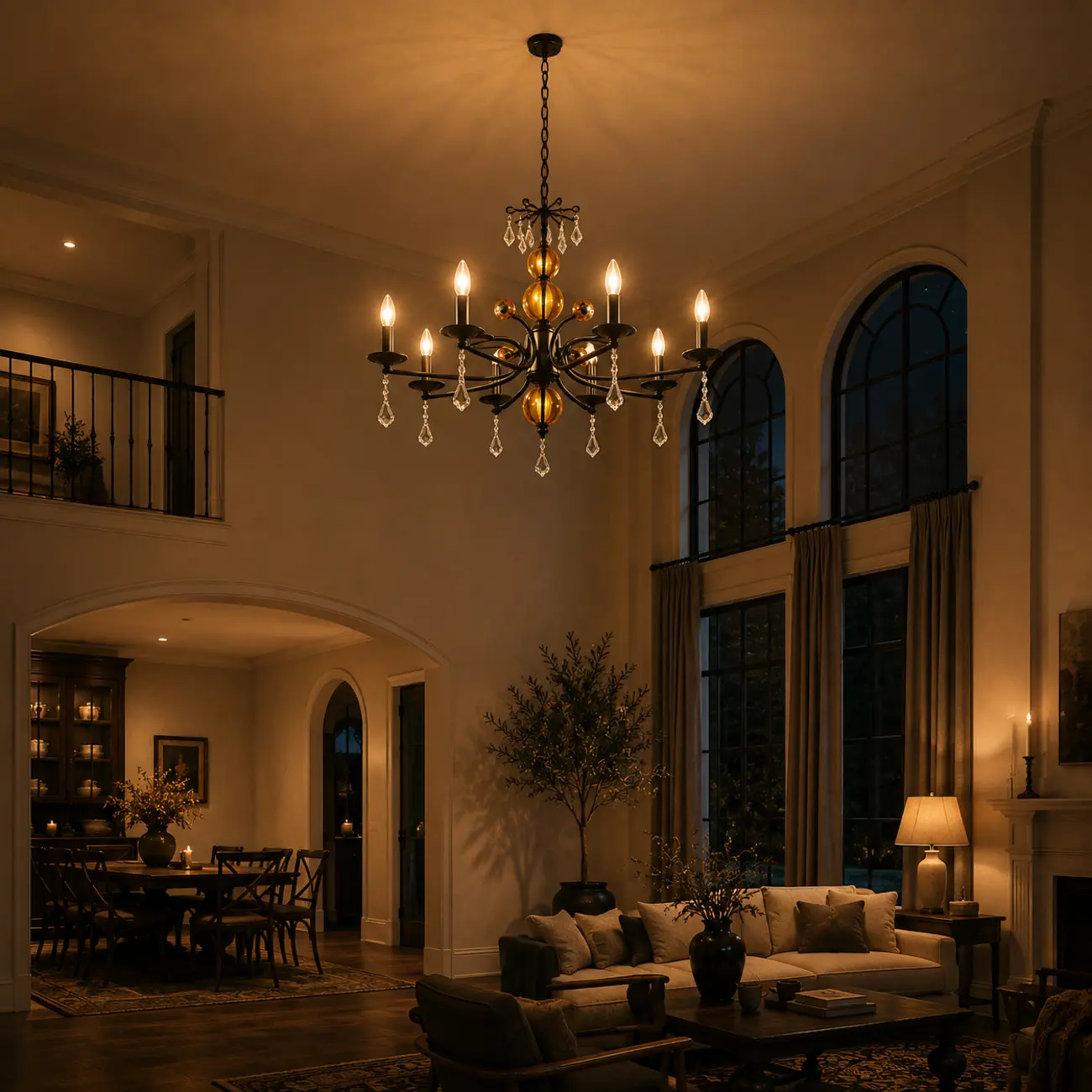 Scandinavian Modern Black Metal Chandelier with Amber Glass Spheres Image - 3 | homeyfad