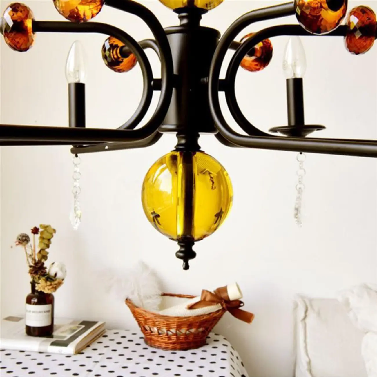 Scandinavian Modern Black Metal Chandelier with Amber Glass Spheres Image - 7 | homeyfad