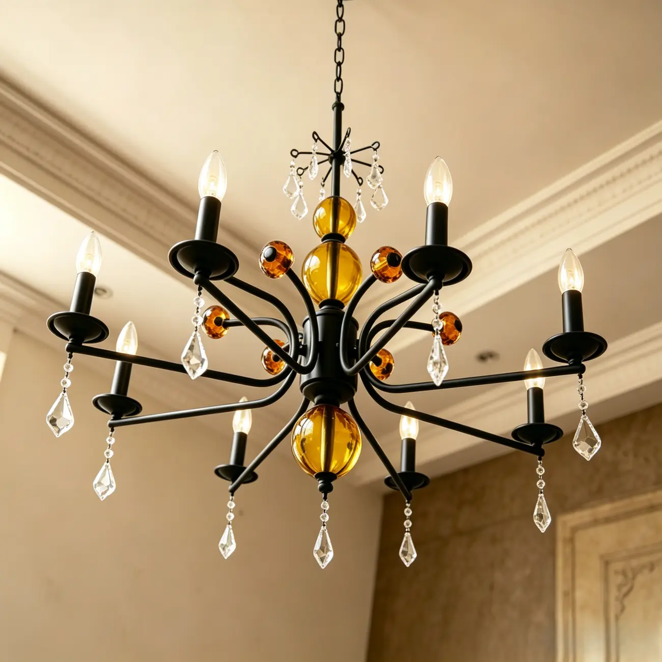 Scandinavian Modern Black Metal Chandelier with Amber Glass Spheres Image - 1 | homeyfad