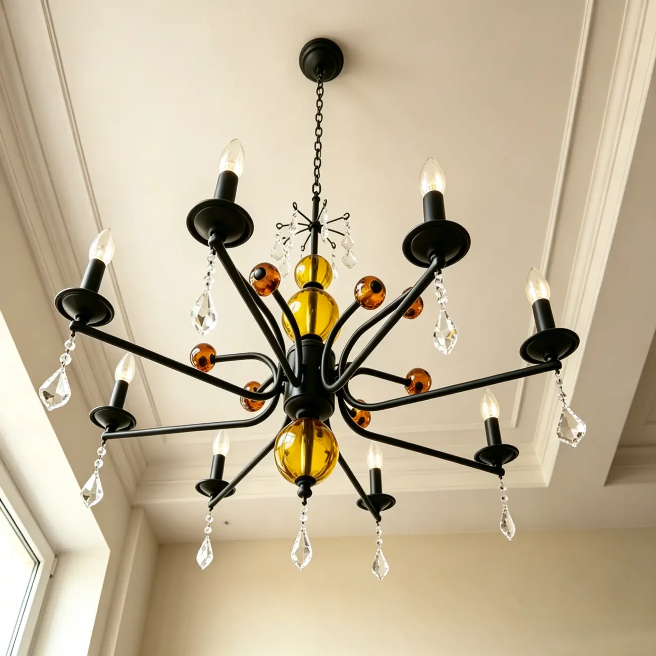 Scandinavian Modern Black Metal Chandelier with Amber Glass Spheres Image - 2 | homeyfad