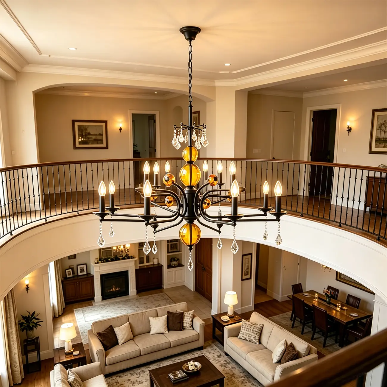 Scandinavian Modern Black Metal Chandelier with Amber Glass Spheres Image - 4 | homeyfad