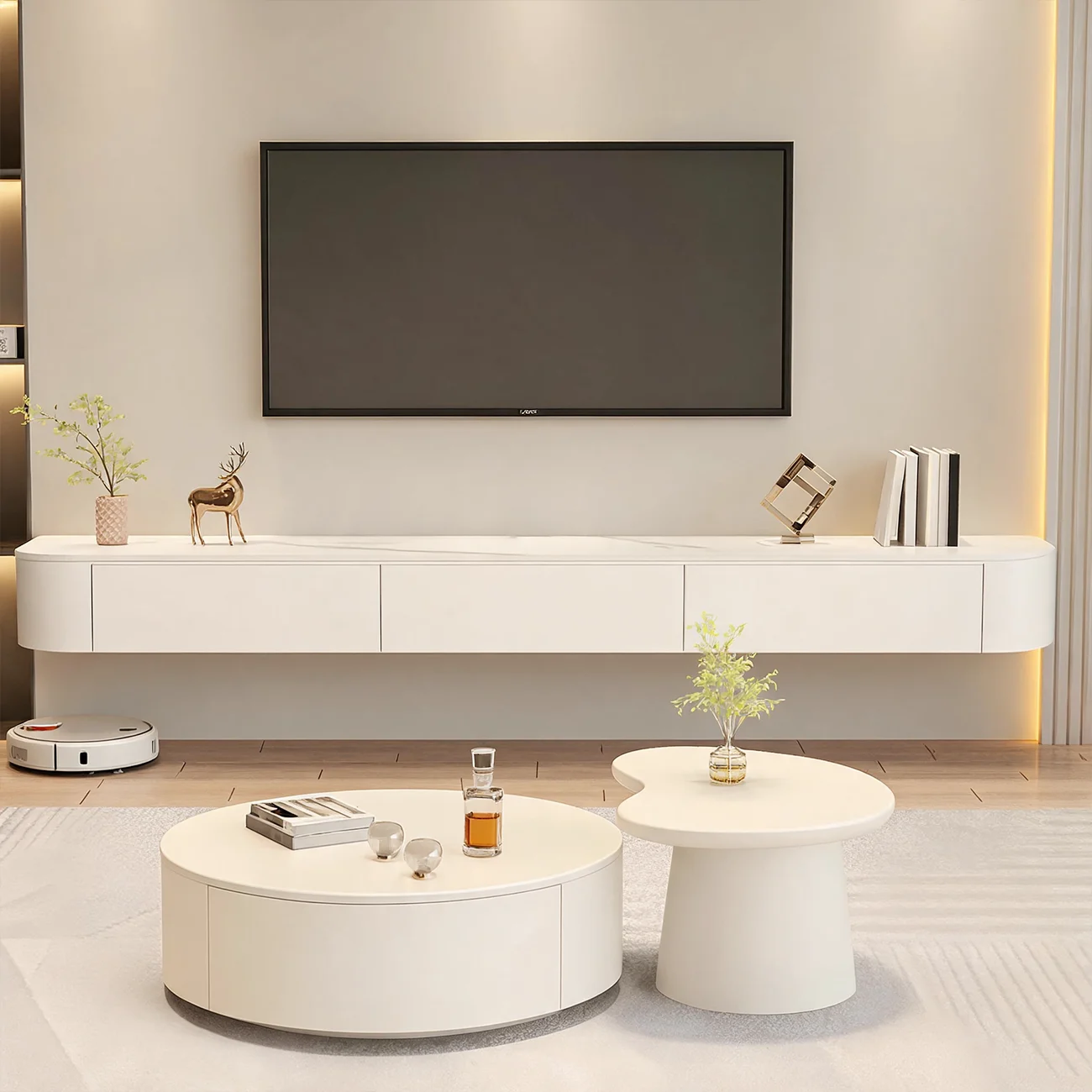 Modern Stone Floating TV Stand with Storage in White Image - 4 | homeyfad