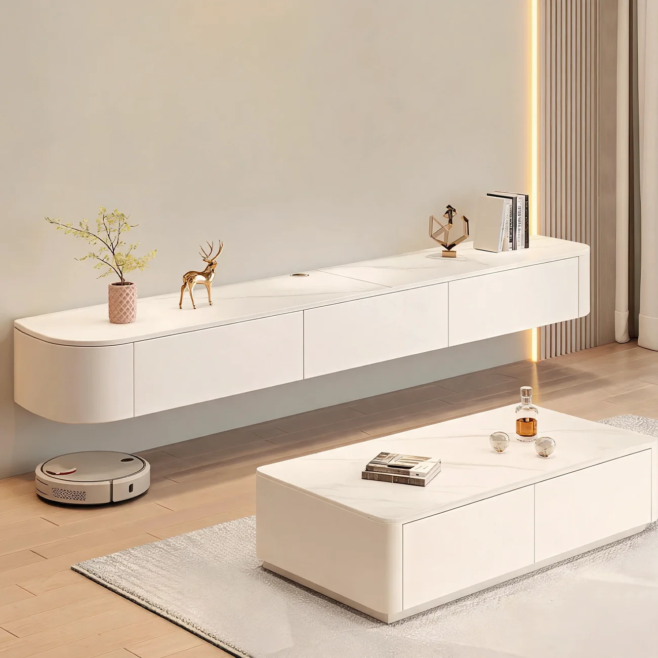Modern Stone Floating TV Stand with Storage in White Image - 3 | homeyfad