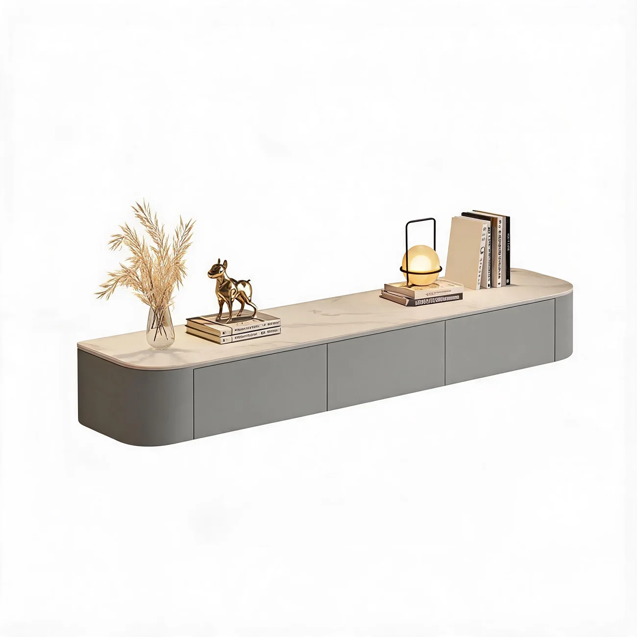 Modern Stone Floating TV Stand with Storage in White Image - 9 | homeyfad