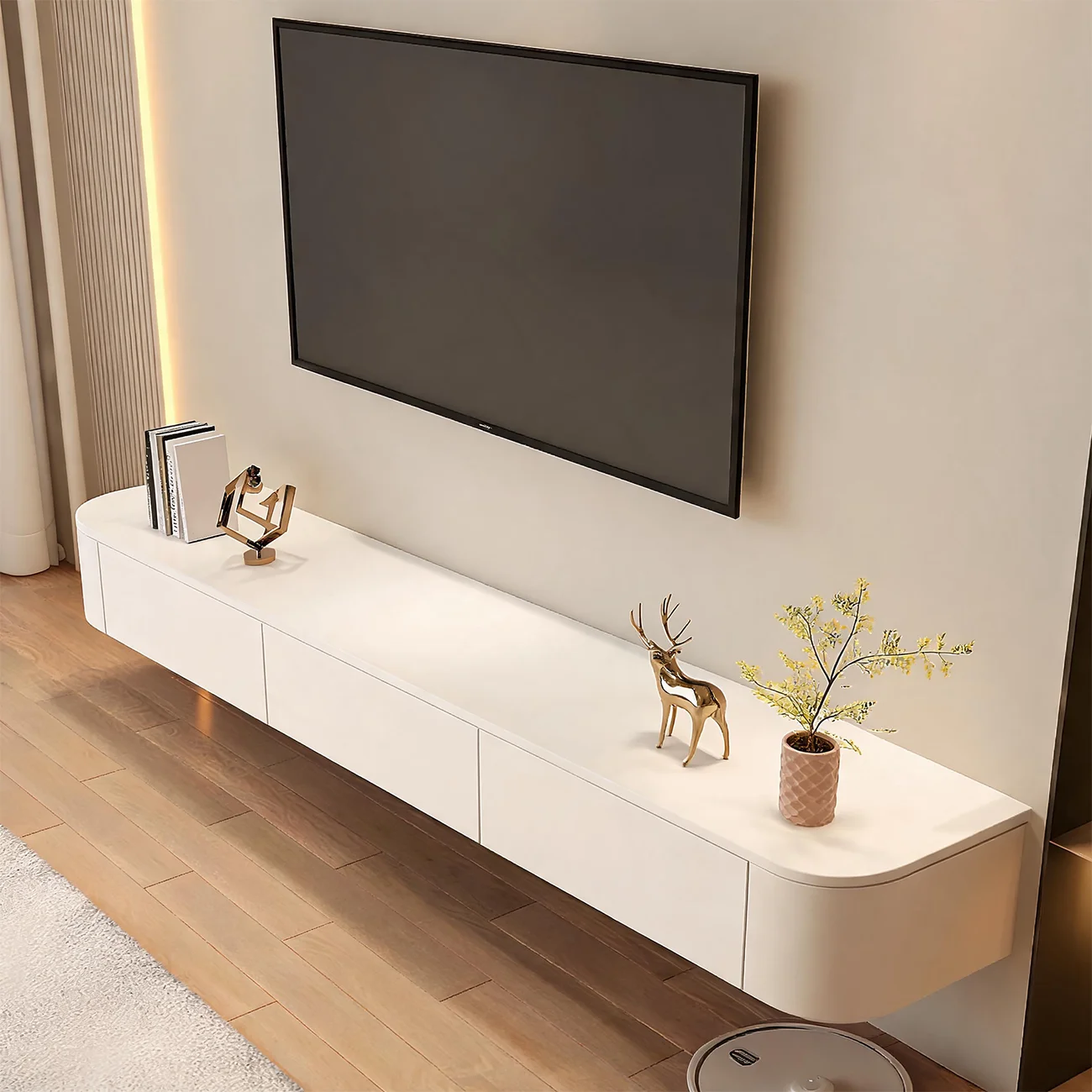Modern Stone Floating TV Stand with Storage in White Image - 5 | homeyfad