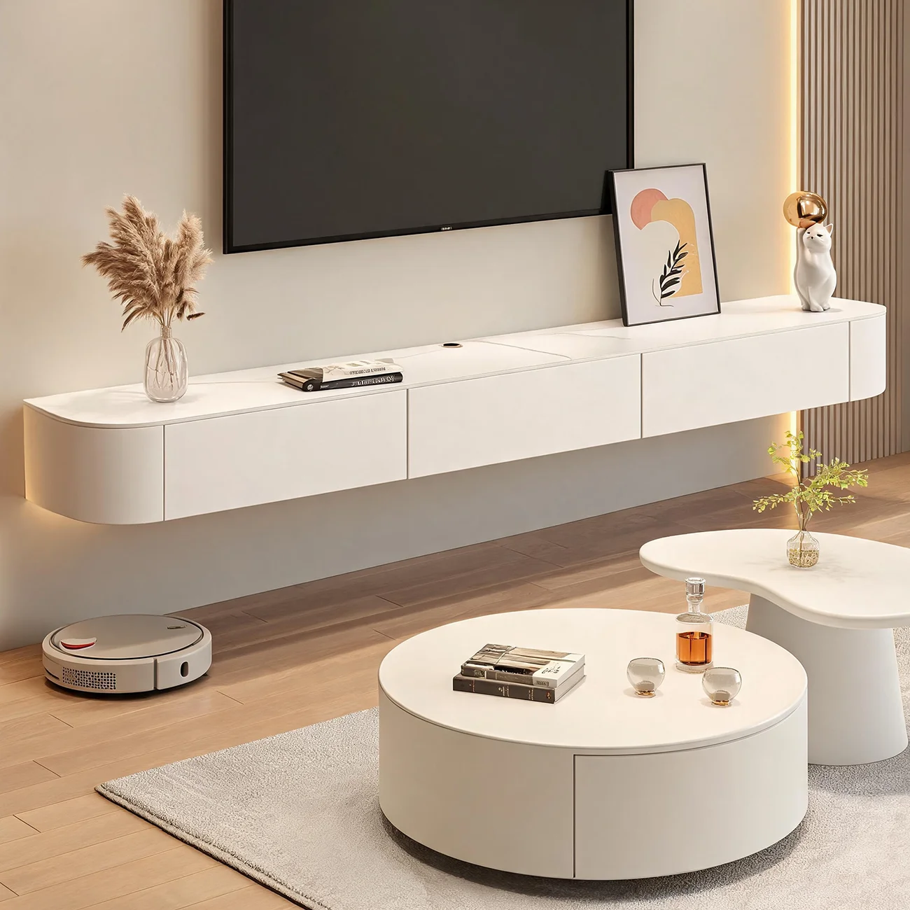 Modern Stone Floating TV Stand with Storage in White Image - 2 | homeyfad