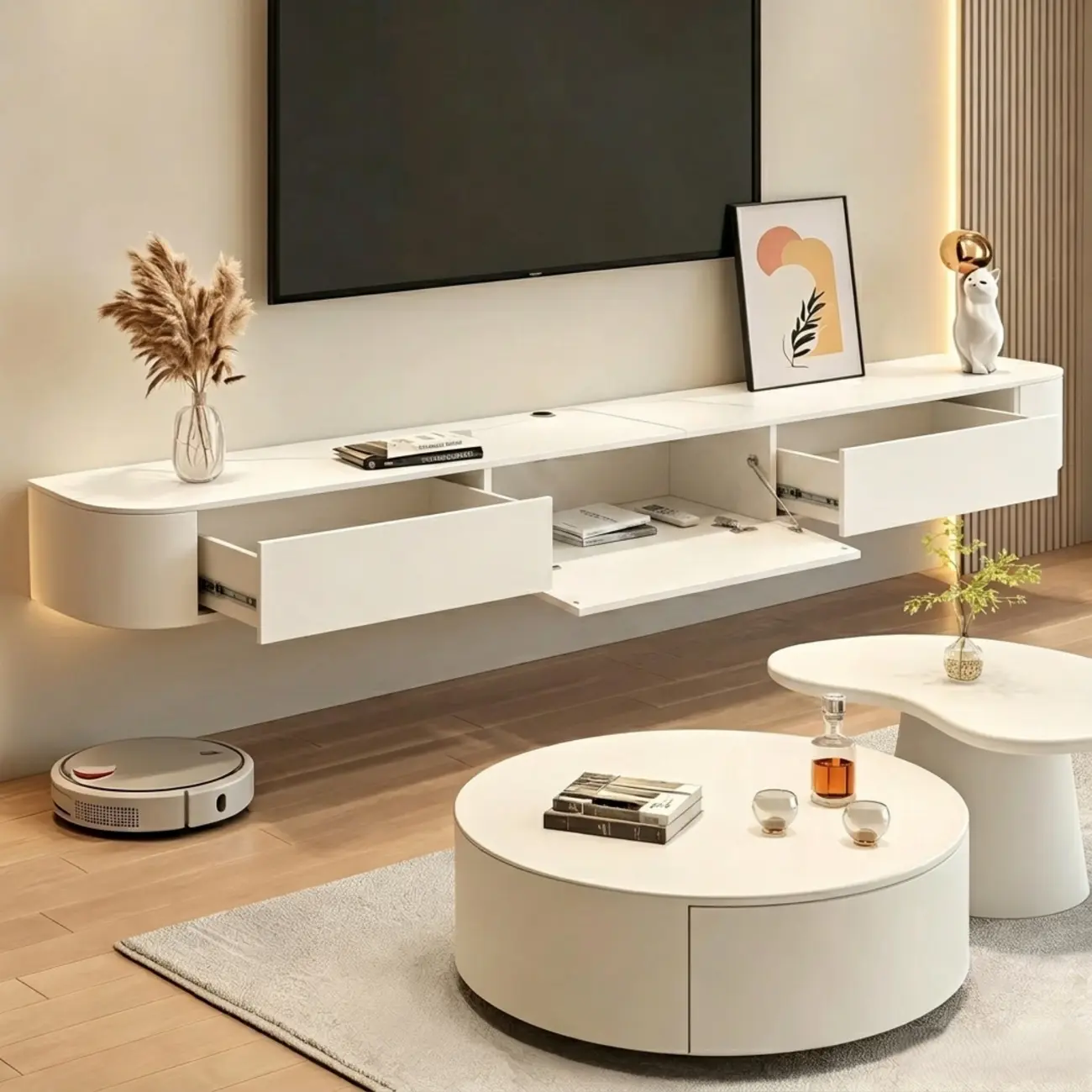 Modern Stone Floating TV Stand with Storage in White Image - 1 | homeyfad