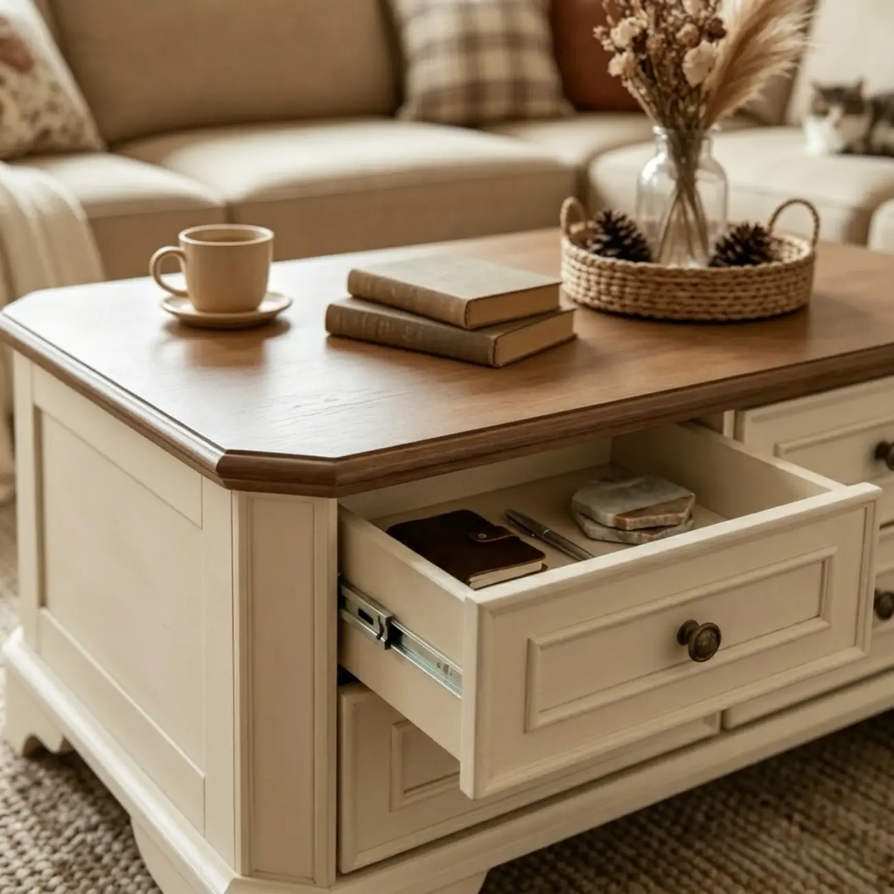 43" Traditional Farmhouse Wood Coffee Table with 4 Drawers Image - 4 | homeyfad