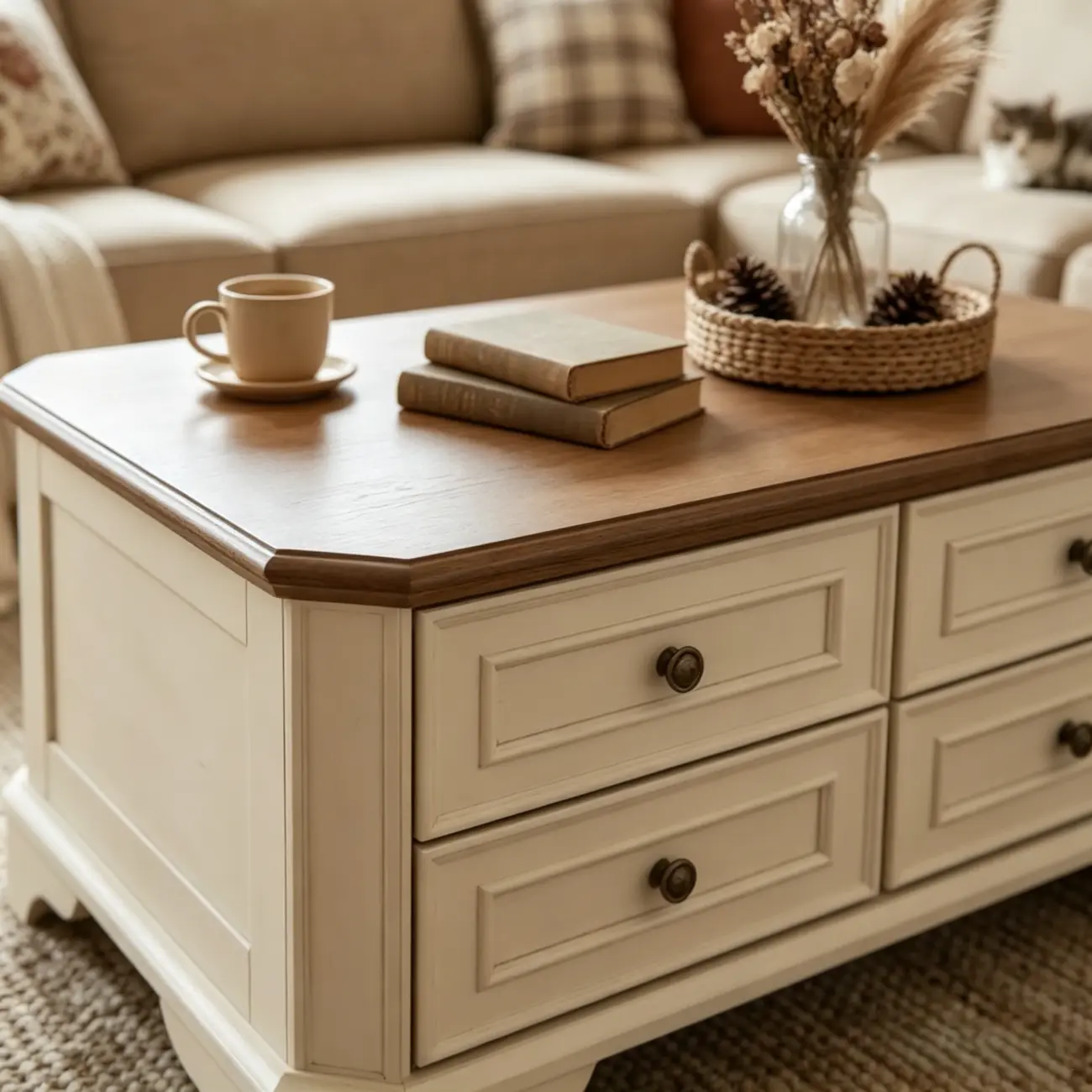 43" Traditional Farmhouse Wood Coffee Table with 4 Drawers Image - 3 | homeyfad