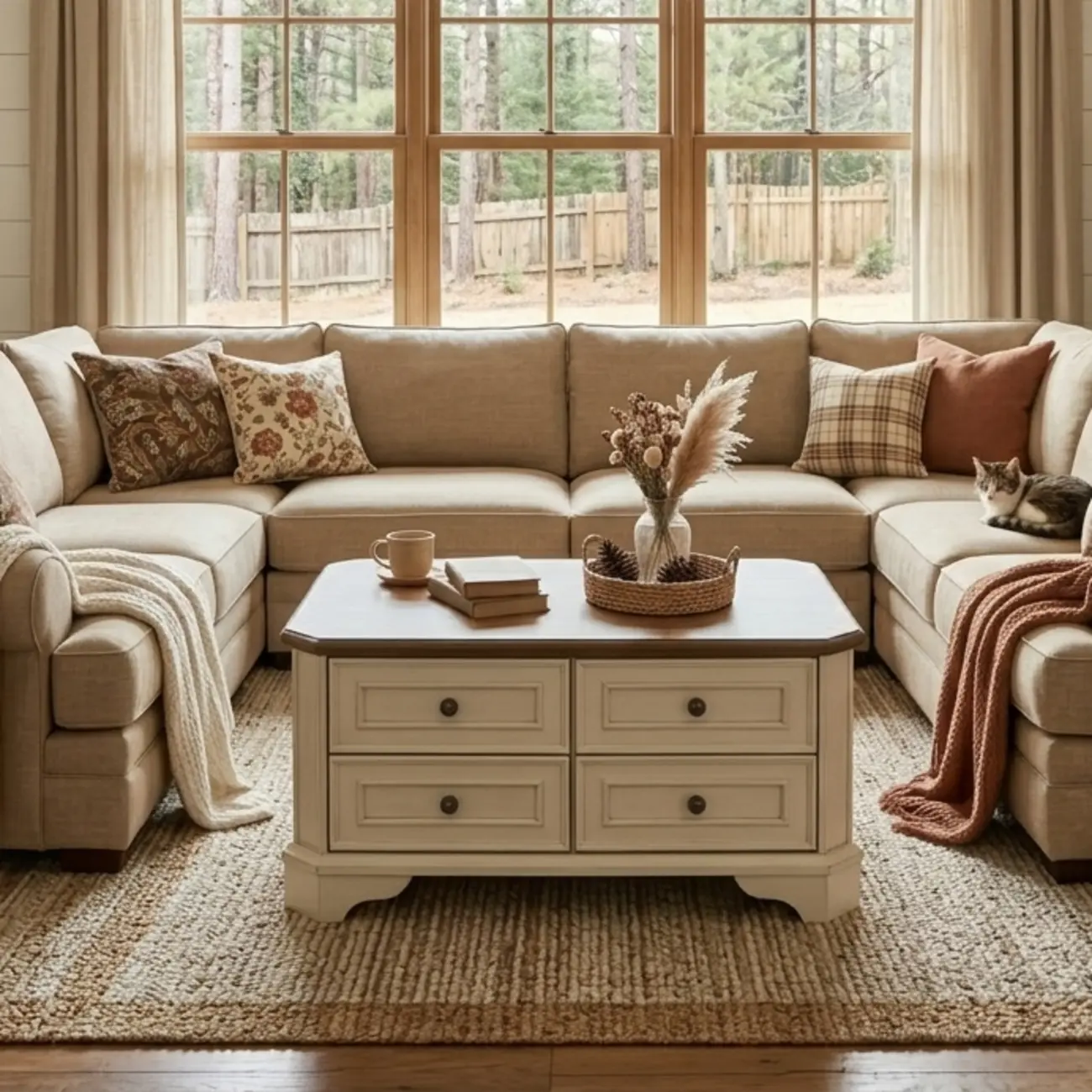 43" Traditional Farmhouse Wood Coffee Table with 4 Drawers Image - 3 | homeyfad