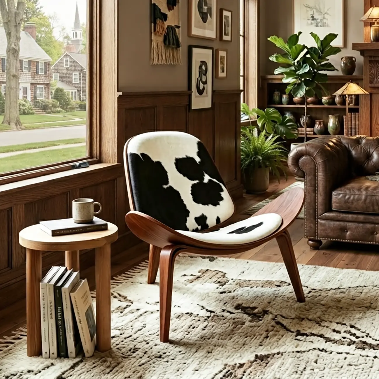 Scandinavian Leather/Linen Accent Chair with Wood Frame Image - 4 | homeyfad
