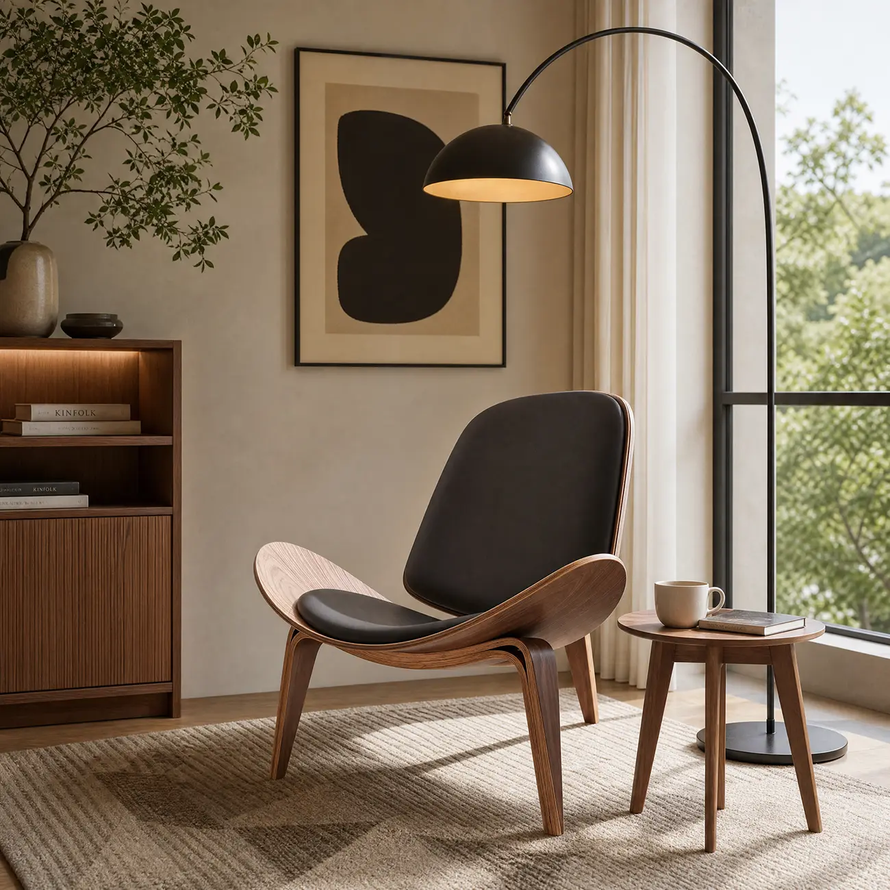 Scandinavian Leather/Linen Accent Chair with Wood Frame Image - 15 | homeyfad